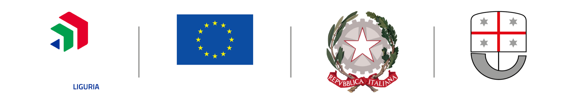Loghi PR FESR Liguria 2021-2027: Coesione Italia, Unione europea, Repubblica Italiana, Regione Liguria