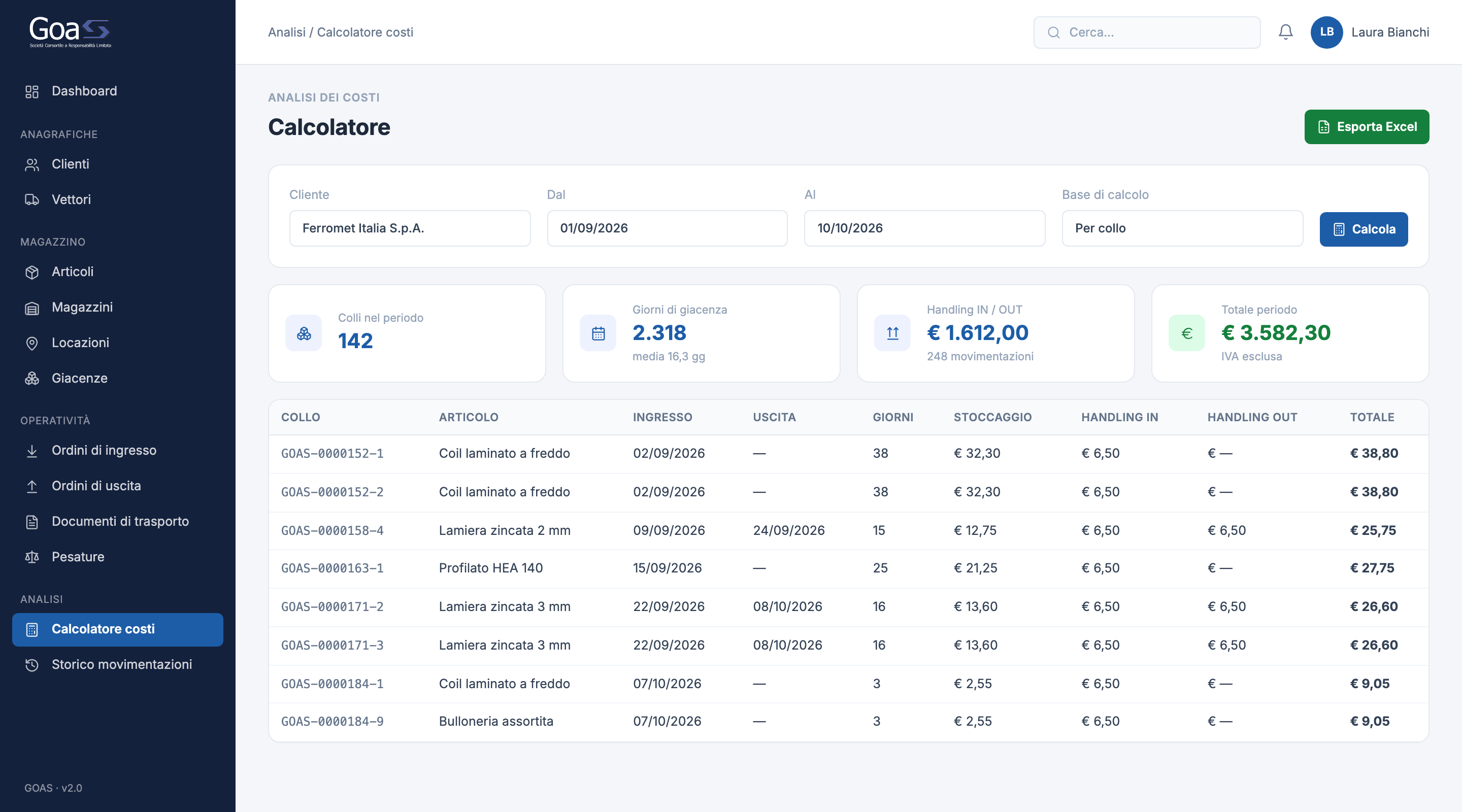 GOAS: calcolatore dei costi di stoccaggio e movimentazione per cliente