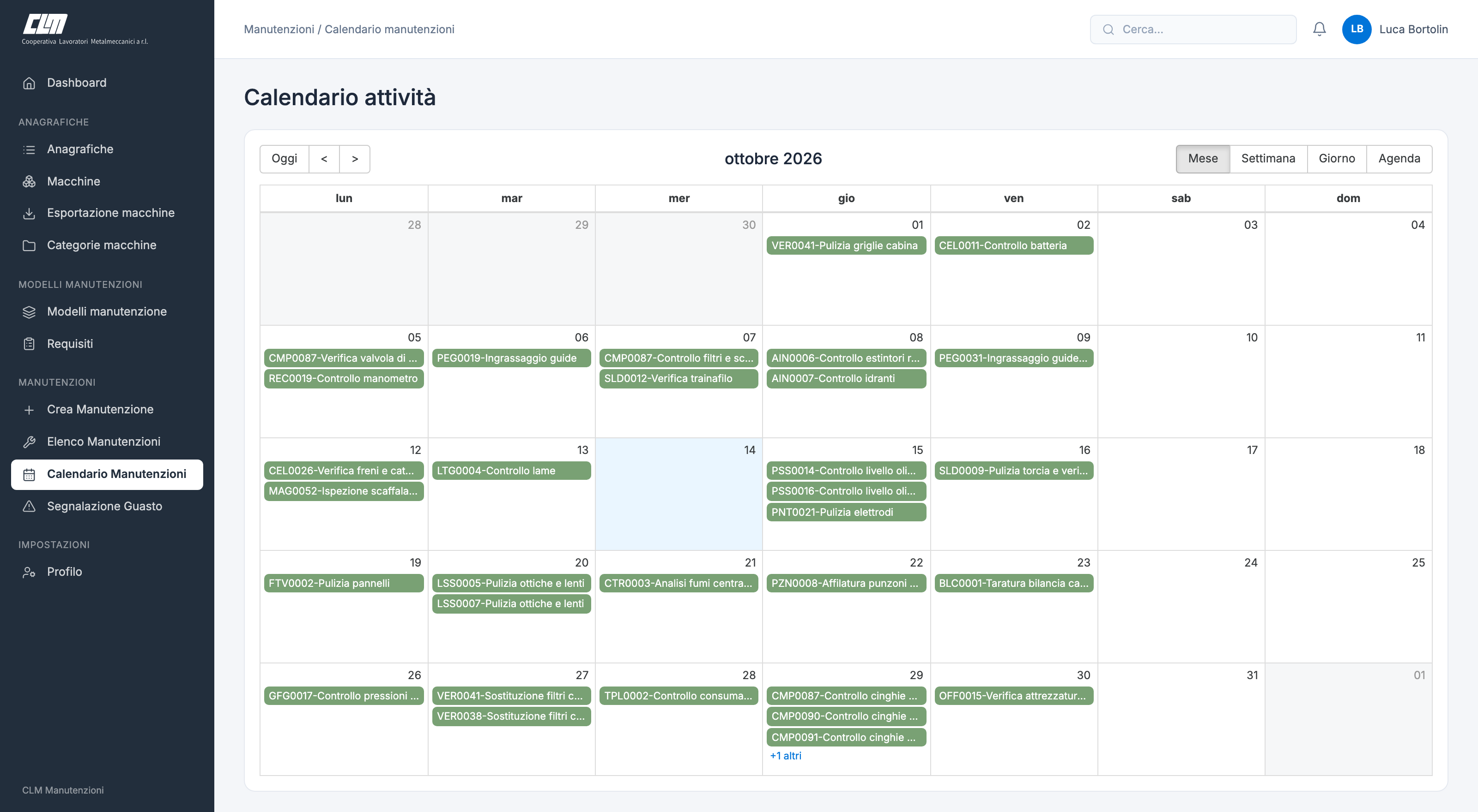 CLM Manutenzioni: calendario mensile delle manutenzioni programmate