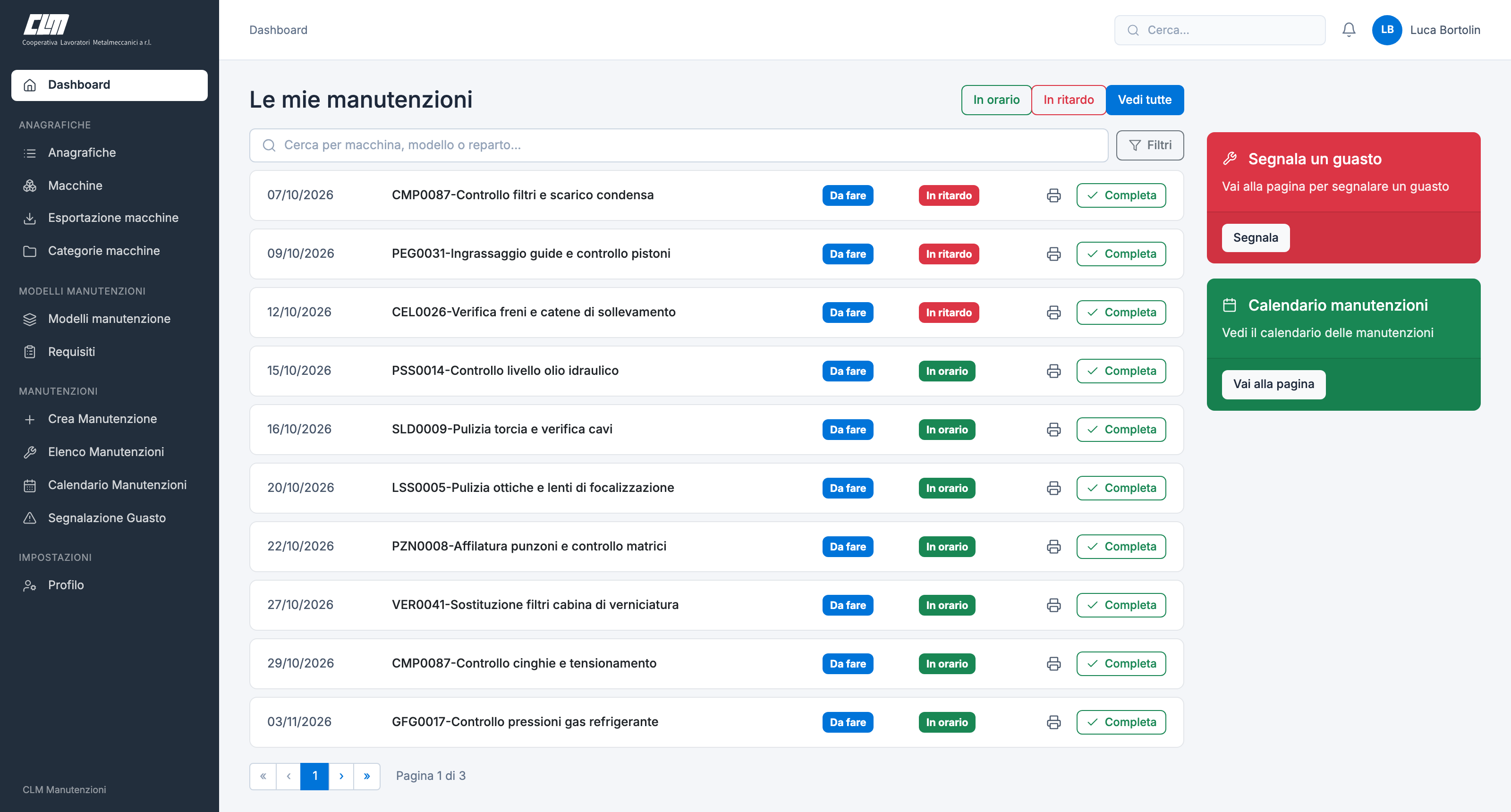 CLM Manutenzioni: dashboard dell’operatore con le manutenzioni da fare, in orario o in ritardo