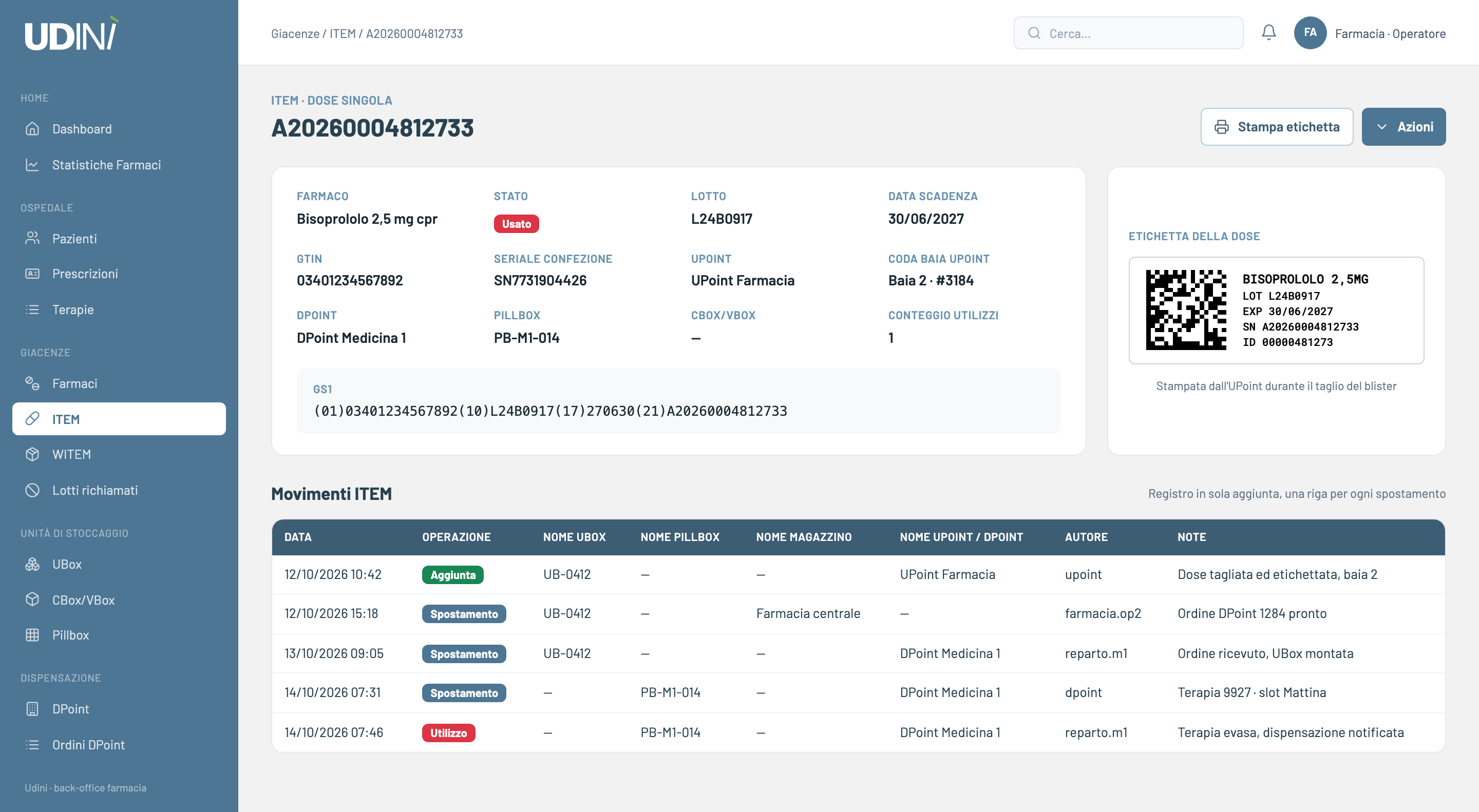 UDINI: scheda di una dose con etichetta DataMatrix e registro dei movimenti