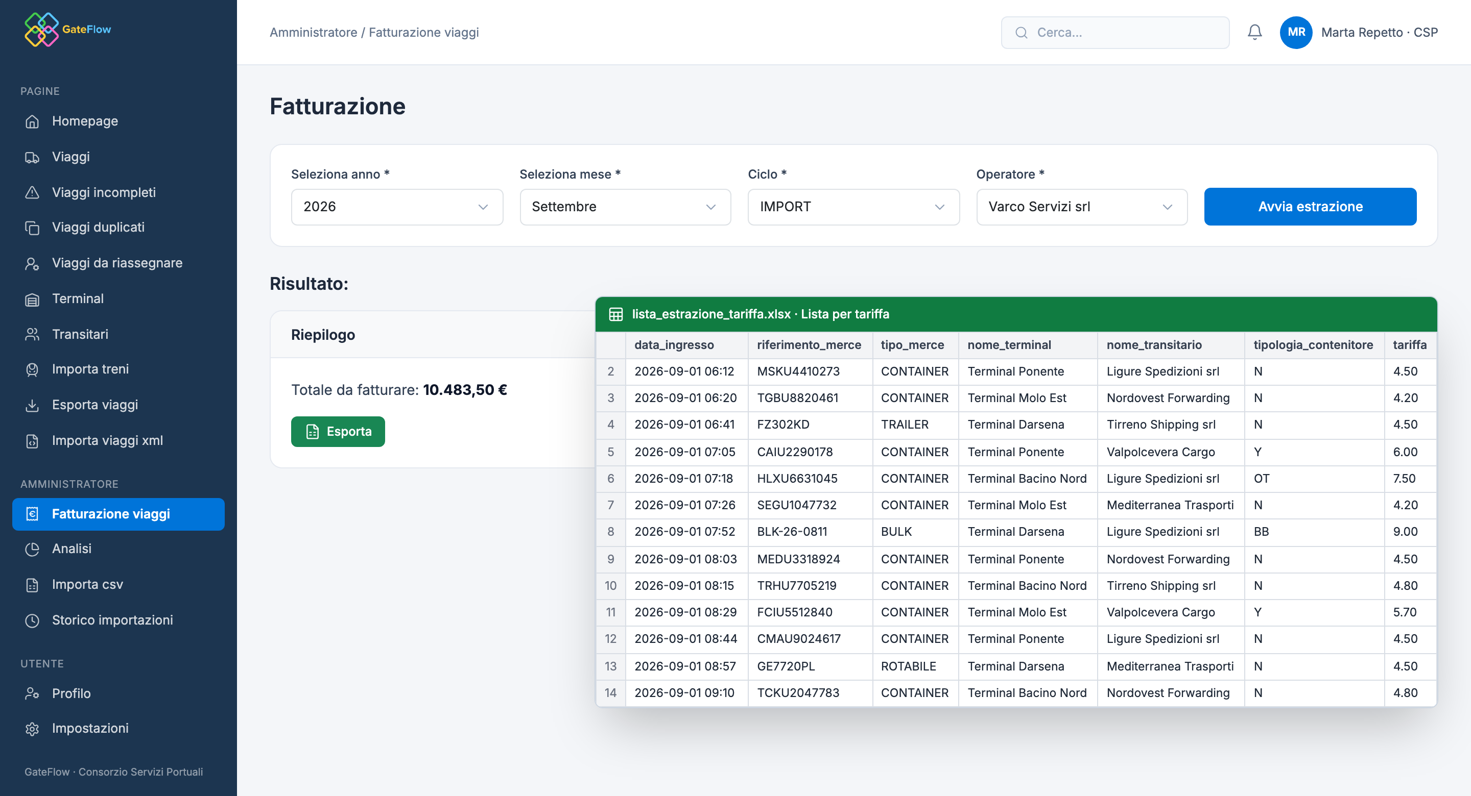 GateFlow: estrazione per la fatturazione di un operatore con totale e distinta dei viaggi in Excel