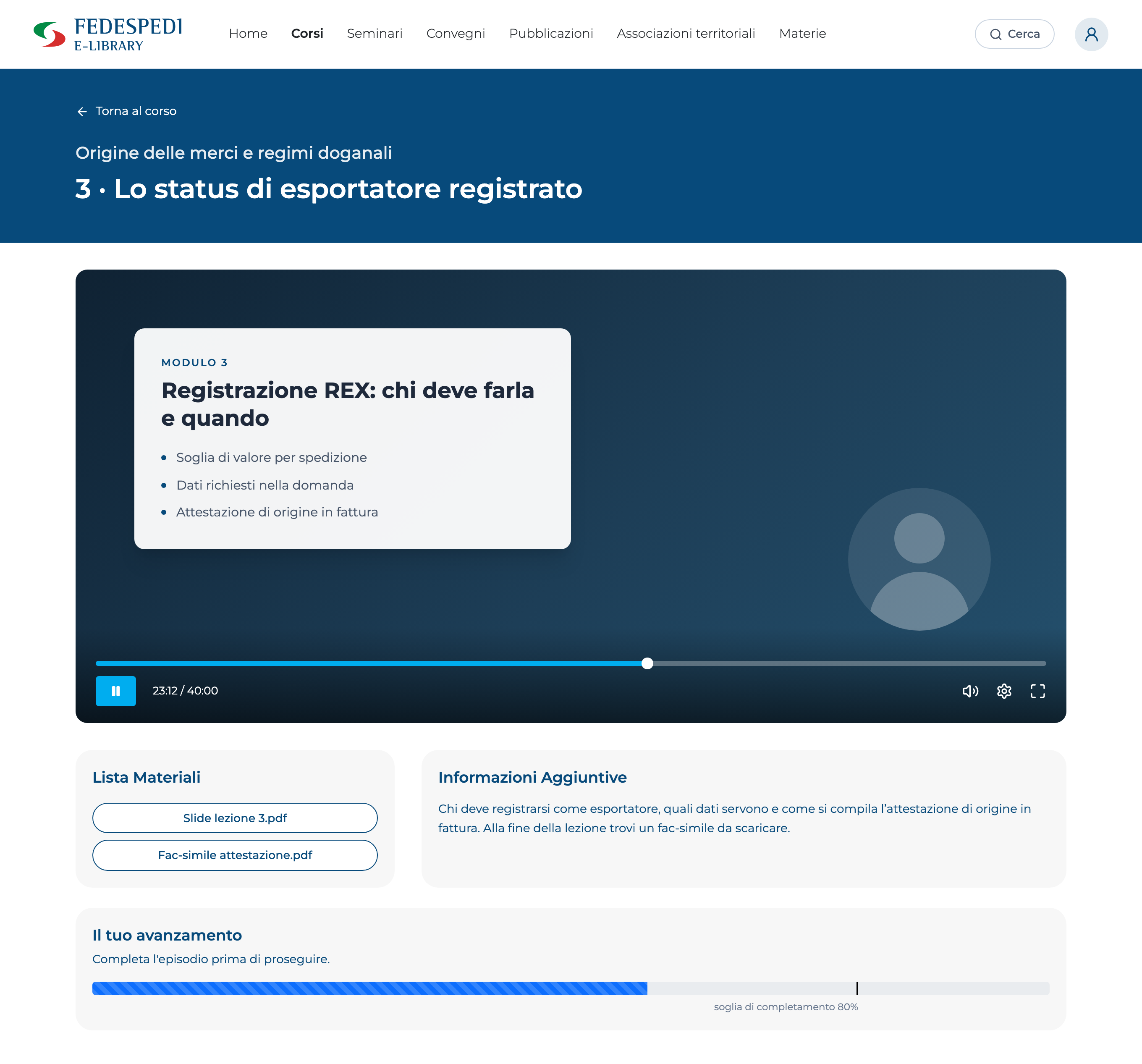 Fedespedi e-Library: lezione video con materiali e barra di avanzamento con soglia di completamento