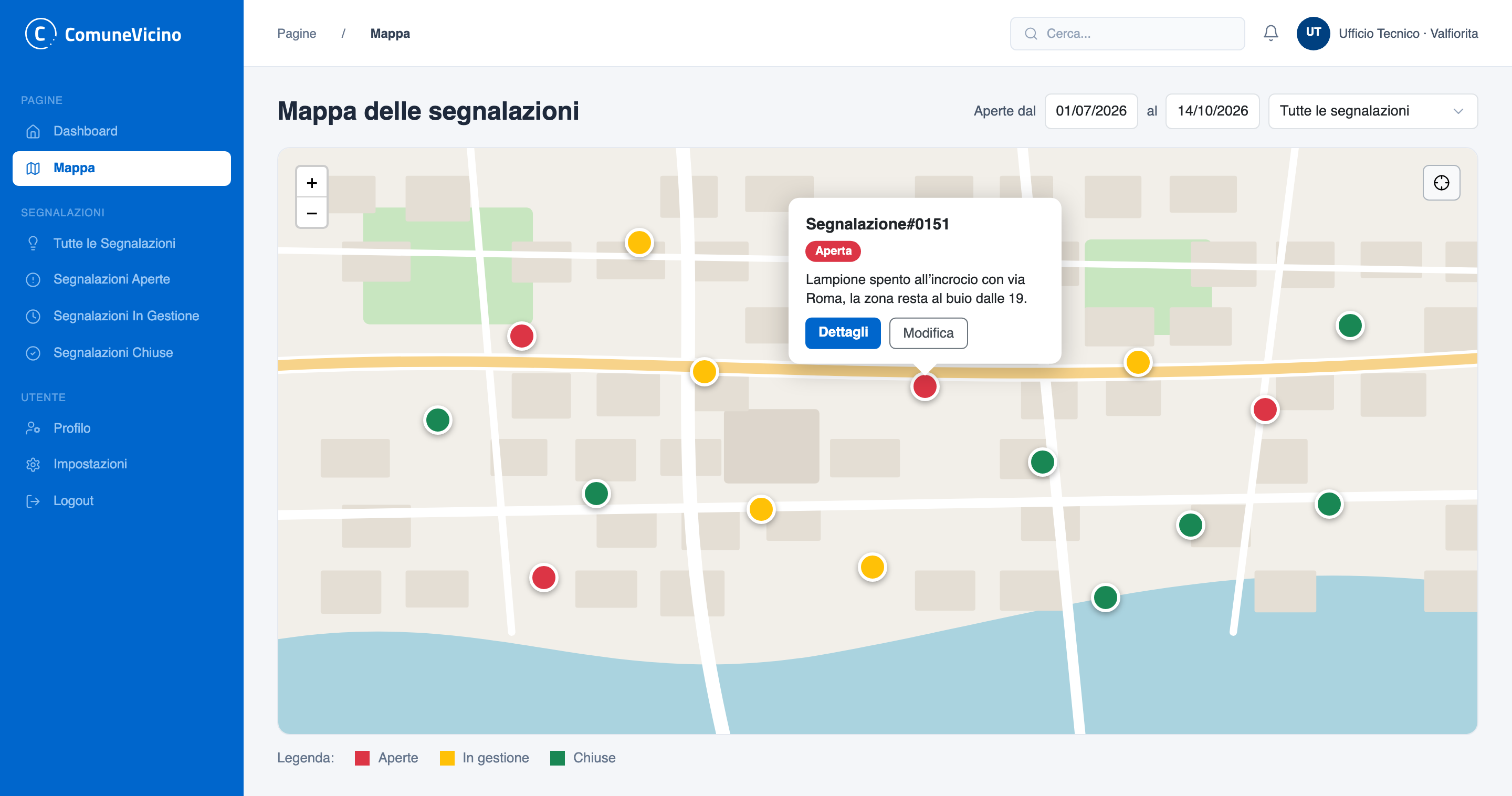 Back-office ComuneVicino: mappa delle segnalazioni con marker colorati per stato e scheda di una segnalazione aperta