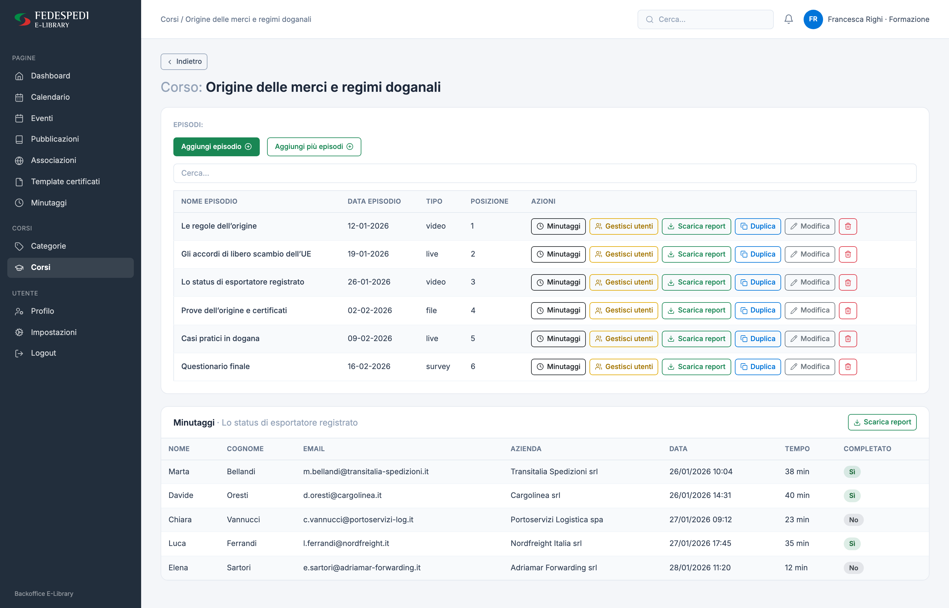Fedespedi e-Library, back-office: lezioni di un corso e minutaggi dei corsisti