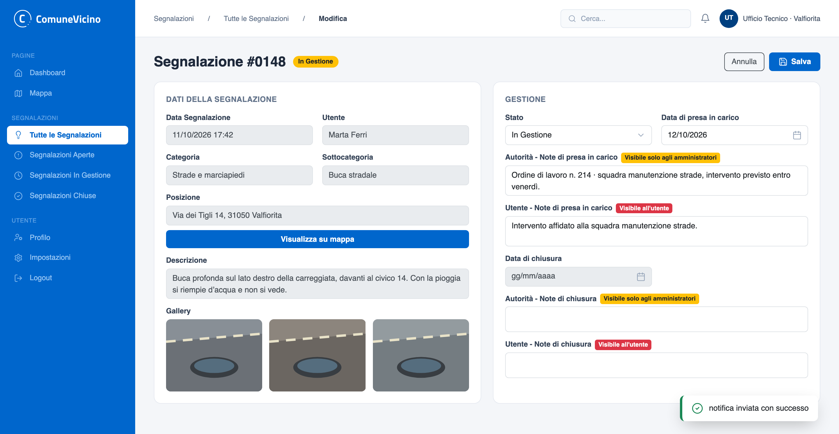 Back-office ComuneVicino: modifica di una segnalazione in gestione, con note interne e note visibili al cittadino