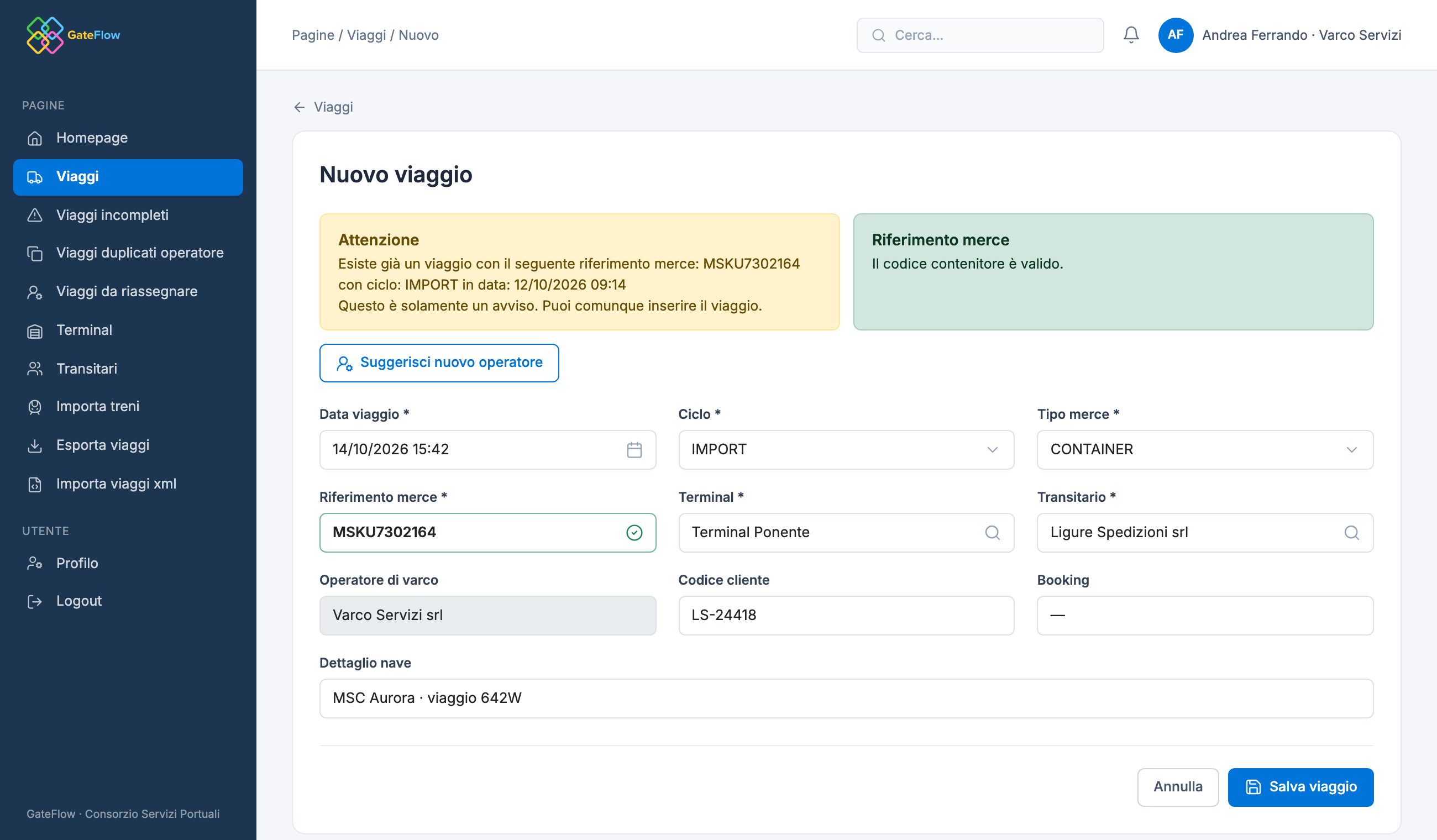 GateFlow: modulo di inserimento di un viaggio con verifica del codice container e avviso di possibile doppione
